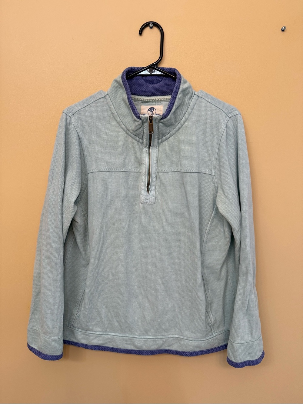 Fat Face Men's Quarter-Zip Sweater - Light Seafoam with Purple Trim